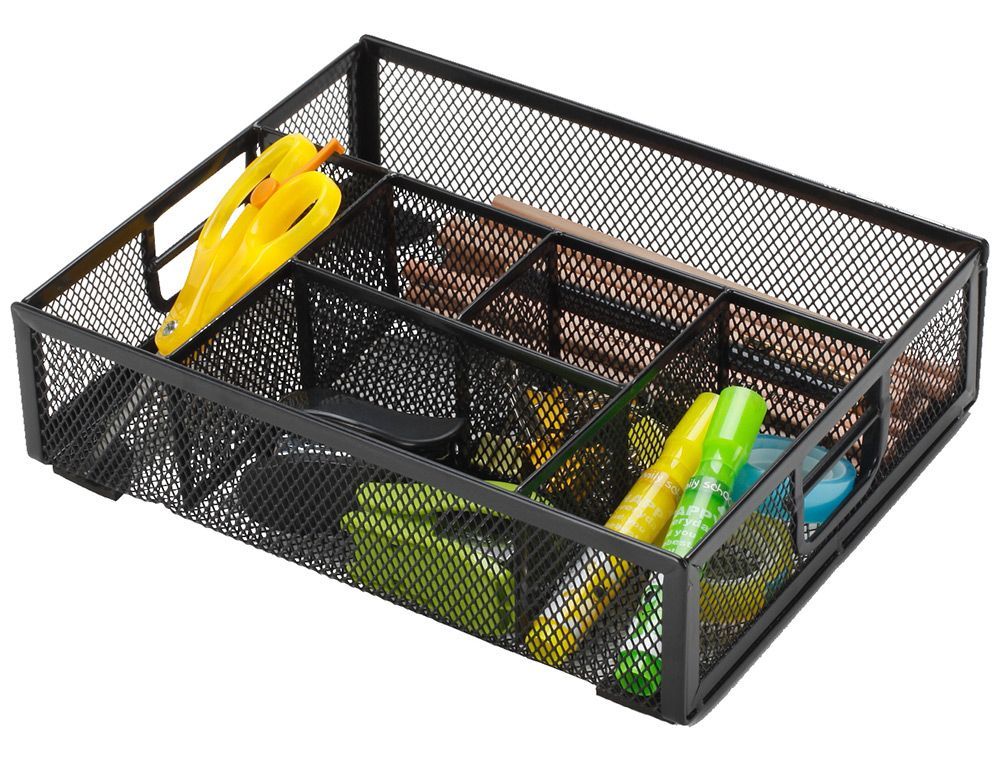 Organizador sobremesa q-connect kf17291 bandeja metalica rejilla negra con 6 departamentos 235x183x65 mm
