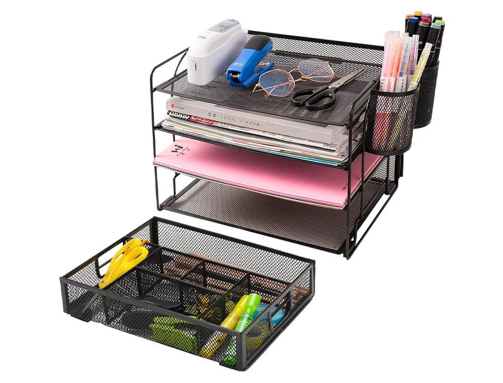 Organizador sobremesa q-connect kf17291 bandeja metalica rejilla negra con 6 departamentos 235x183x65 mm - Imagen 2